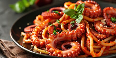 Tasty pasta accompanied by octopus arms Seafood pasta