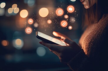 Woman using phone with social media icons