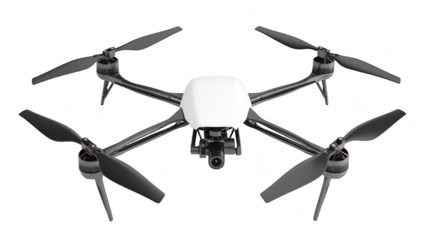 Black Drone with White Body and Camera Facing Forward