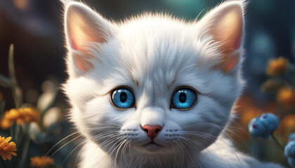 Hyper realistic stunning image of a cute adorable white kitten with huge beautiful eyes with a small little brown mouse on the head, front view