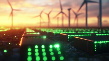 Fototapeta premium Green energy technology network concept, wind turbines and servers at sunset, showcasing sustainable development and innovative solutions.