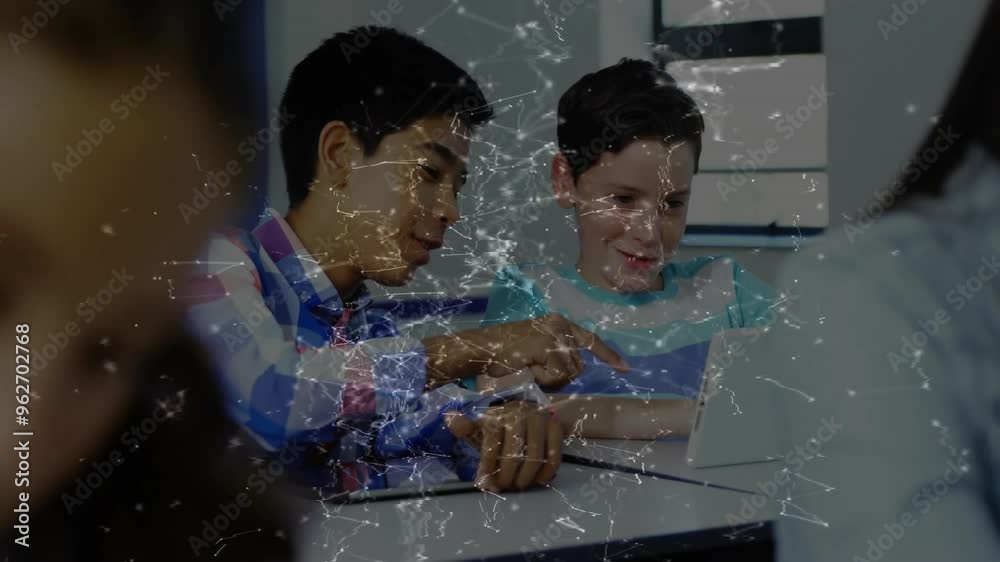 Poster in school, students using tablet with network connections and data processing animation