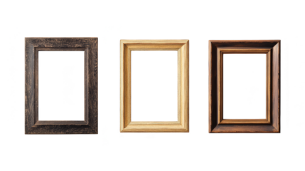 Three empty picture frames isolated transparent background