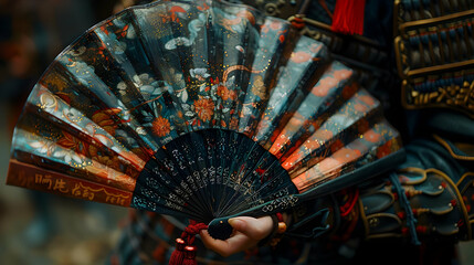Closeup of an Ornate Hand Fan with Gold and Red Accents