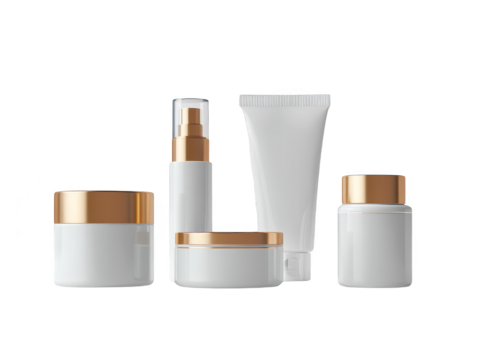 White cosmetic bottles with gold caps transparent background