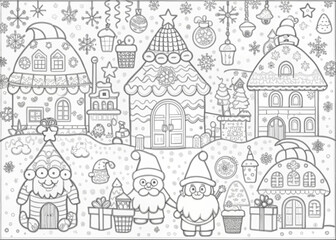 Obraz premium Whimsical Christmas Village with Elves for Coloring Books and Craft Projects