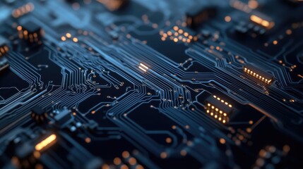 Obraz premium Close-up view of a circuit board with intricate pathways and glowing components.