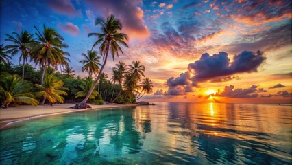 A breathtaking view of a vibrant sunset over a tropical beach with palm trees and crystal clear water , travel