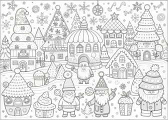 Obraz premium Whimsical Christmas Village with Elves for Coloring Books and Craft Projects