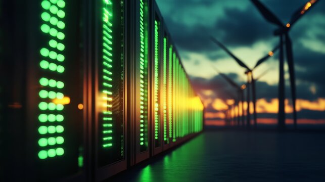 Renewable energy data center with glowing green lights powered by wind turbines during sunset, showcasing sustainable technology infrastructure.