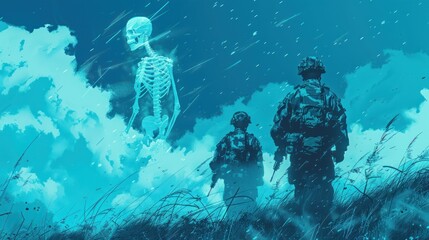 Two soldiers walking across a field with a large ghostly skeleton looming in the sky above them.
