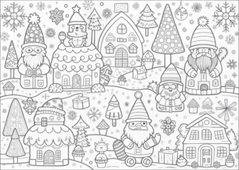 Obraz premium Whimsical Christmas Village with Elves for Coloring Books and Craft Projects