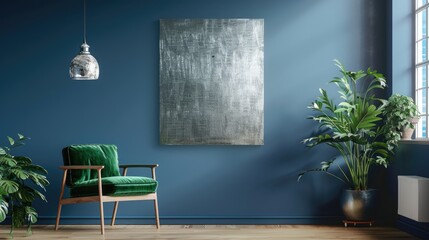 Armchair in green, hanging silver painting on blue wall in living room with plants