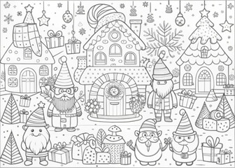 Whimsical Christmas Village with Elves for Coloring Books and Craft Projects