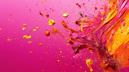 Vibrant abstract art with a dynamic splash of pink, yellow, and orange paint on a magenta background. Energetic and colorful visual explosion.