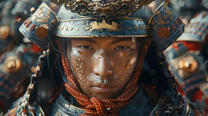 Close Up of a Warrior's Face in a Detailed Samurai Helmet Illustration