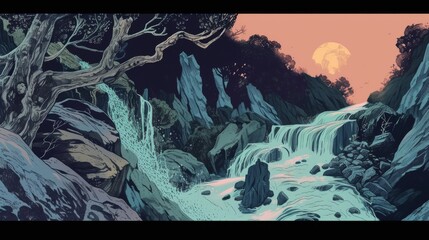 A beautifully detailed digital illustration depicting a tranquil waterfall cascading down rocky terrain at sunset. The scene features lush trees, flowing water, and a vibrant orange sky, creating a