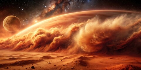 Dynamic Martian dust storm with swirling clouds of red dust, Mars, planet, storm, Martian, space, atmosphere, weather, red