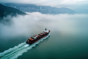 Naklejka premium Aerial view of a cargo ship sailing the Hong Kong bay with low clouds, China , ai