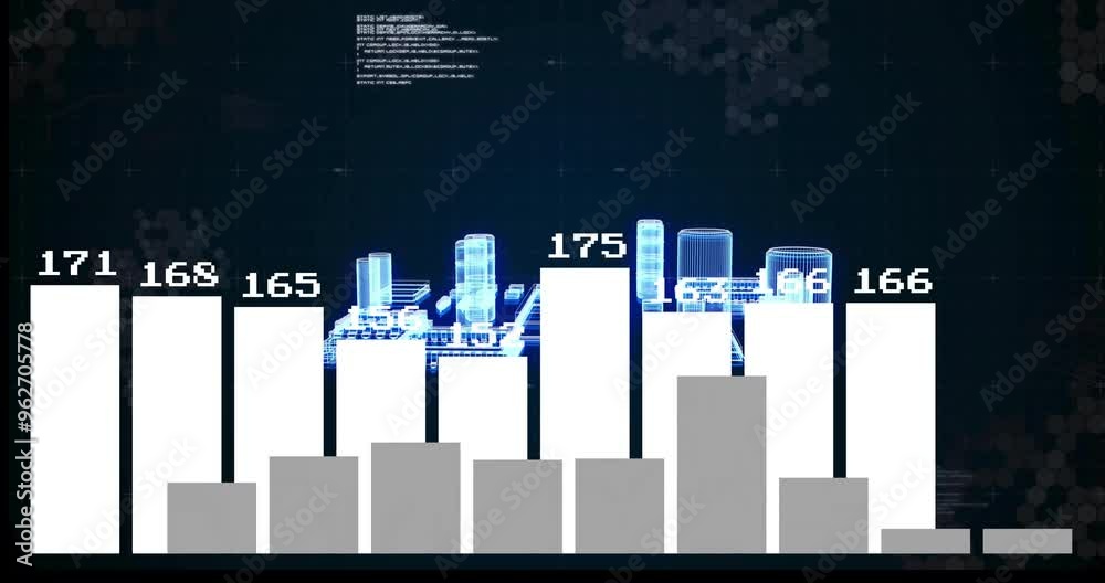 Poster animating bar chart data visualization over futuristic digital interface background