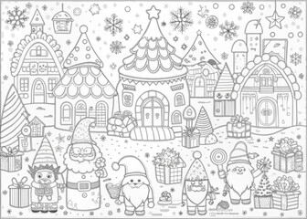 Obraz premium Whimsical Christmas Village with Elves for Coloring Books and Craft Projects