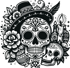 Cute Skull Monochrome Cosmonaut Logo Icon, Sugar Skull Day Of The Dead Vector Illustration Design