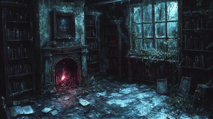 A fireplace glows in a forgotten library, casting an eerie light on the dusty bookshelves.