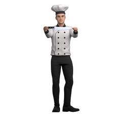 3D Male Chef in Action. A male chef stands with both hands holding a knife showing that the tool is an important part of his skills in the kitchen. Professional Culinary