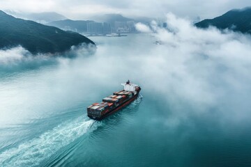 Fototapeta premium Aerial view of a cargo ship sailing the Hong Kong bay with low clouds, China , ai