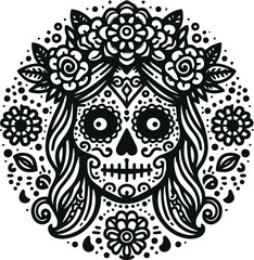 Cute Skull Monochrome Cosmonaut Logo Icon, Sugar Skull Day Of The Dead Vector Illustration Design