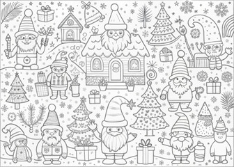 Fototapeta premium Whimsical Christmas Village with Elves for Coloring Books and Craft Projects