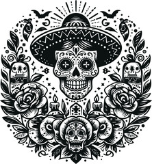 Cute Skull Monochrome Cosmonaut Logo Icon, Sugar Skull Day Of The Dead Vector Illustration Design