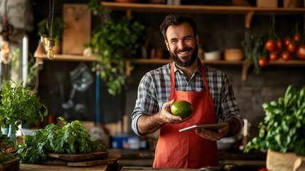 Fototapeta premium Cheerful man holding an avocado in a vibrant produce store, showcasing healthy eating and fresh ingredients.