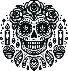 Cute Skull Monochrome Cosmonaut Logo Icon, Sugar Skull Day Of The Dead Vector Illustration Design