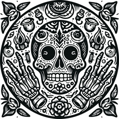 Cute Skull Monochrome Cosmonaut Logo Icon, Sugar Skull Day Of The Dead Vector Illustration Design