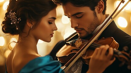 A romantic couple sharing a moment as one plays the violin, creating an enchanting atmosphere...