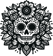 Cute Skull Monochrome Cosmonaut Logo Icon, Sugar Skull Day Of The Dead Vector Illustration Design