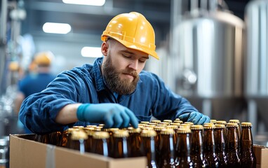 A worker in a brewery carefully inspects bottles, ensuring quality control in a production line with brewing equipment in the background.
