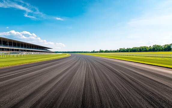 A clear view of a racetrack under a bright blue sky, showcasing a well-maintained surface bordered by lush greenery.