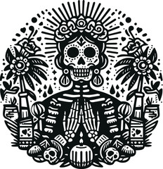 Obraz premium Cute Skull Monochrome Cosmonaut Logo Icon, Sugar Skull Day Of The Dead Vector Illustration Design