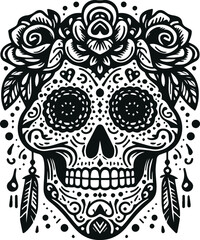 Cute Skull Monochrome Cosmonaut Logo Icon, Sugar Skull Day Of The Dead Vector Illustration Design