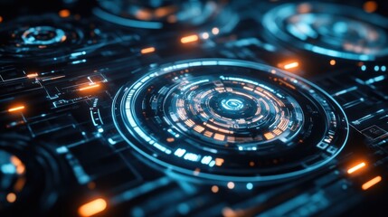 Futuristic digital interface with glowing elements and intricate patterns.