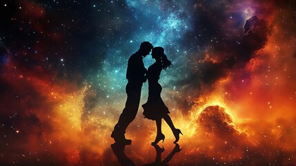 Naklejka premium 宇宙とカップルのシルエット