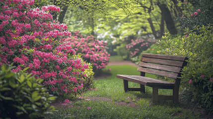 Obraz premium A serene photo of a quiet garden bench surrounded by blooming pastel-colored azaleas, creating a peaceful retreat