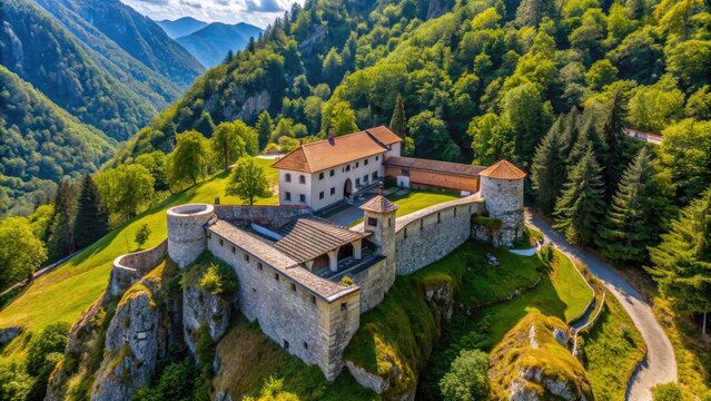High-altitude drone view of the Italian Charnel House in Kobarid, Slovenia, Kobarid, Slovenia
