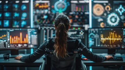 In a science lab, a woman in a wheelchair looks at a computer screen with equipment nearby.