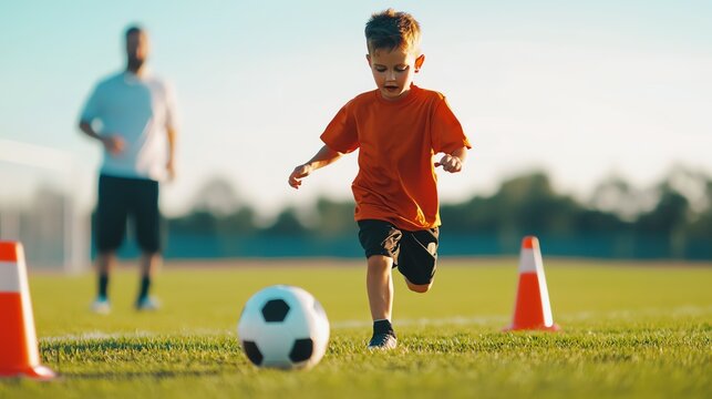 A young boy practices soccer on a sunny day, showcasing determination and joy while dribbling a ball on a grassy field.