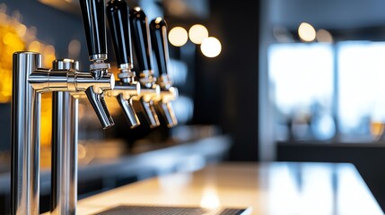 Modern bar scene featuring shiny beer taps and a stylish background, perfect for showcasing beverage culture.