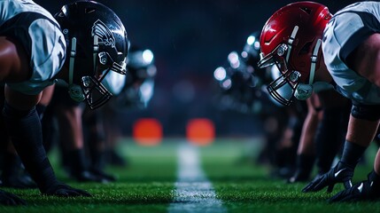 Two football teams face off on a brightly lit field, showcasing intensity and competitive spirit in a thrilling match.