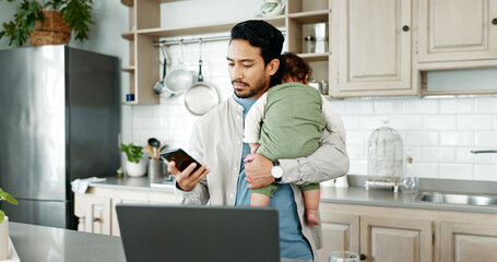 Phone, man and sleeping baby in home for care, research symptoms and texting on paternity leave. Father, resting child and mobile in kitchen for checkup, doctor appointment or schedule for healthcare